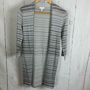 Chico’s open front cardigan duster silver gray stripes size 0